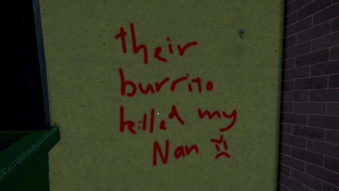Graffiti from Schedule 1 that reads 'Their Burrito Killed My Nan'.
