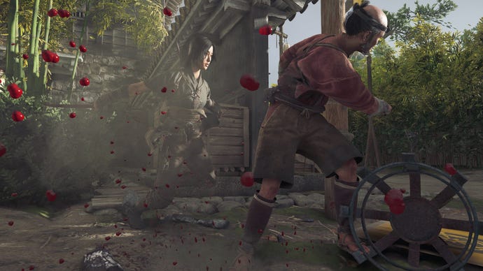 Naoe uses her tanto to stab an enemy in the back in Assassin's Creed Shadows.