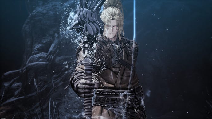 A blond-haired figure wields a staff that glows with white spray.