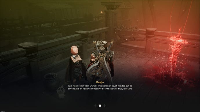 The player talks to a character wearing a jar for a head, called Danjin.