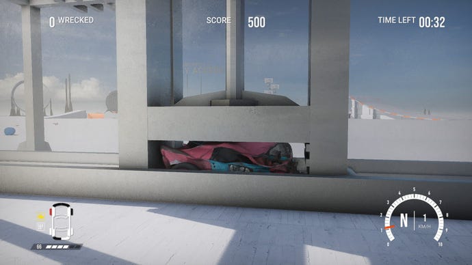 The player's car is crushed in a machine.