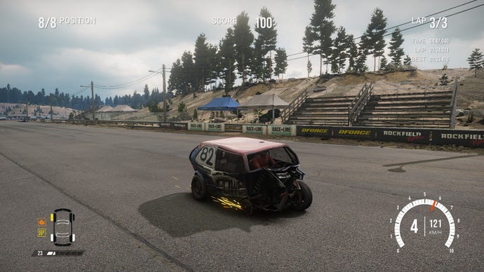 The player's European banger has its nose squashed flat and sparks are flying from its lost wheel.