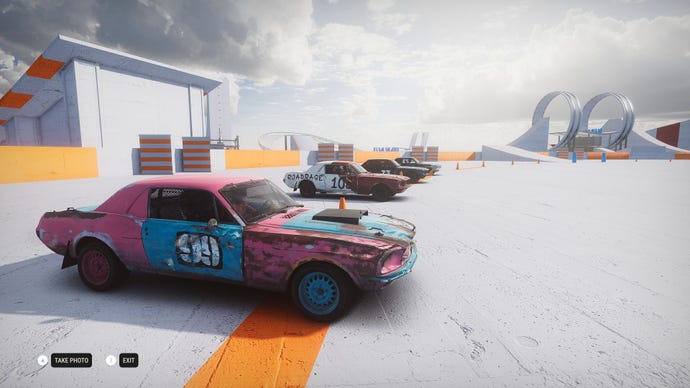 Cars line up in the "testing grounds" - an area for the players to try crazy stunts.