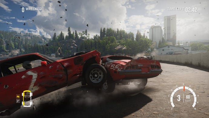 An opponent slams the player's rear bumper, sending debris everywhere.