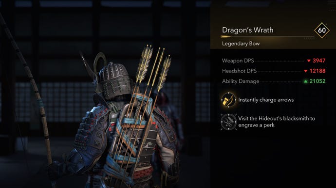 A close-up of the Dragon's Wrath legendary bow in Assassin's Creed Shadows.