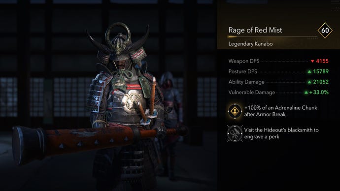 A close-up of the Rage of Red Mist legendary kanabo in Assassin's Creed Shadows.