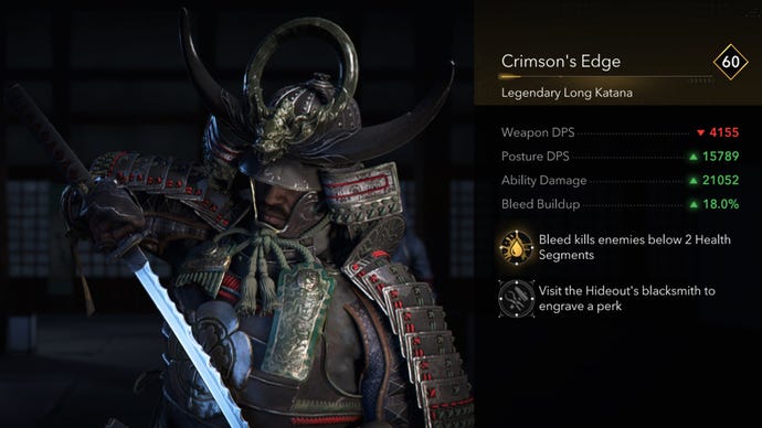 A close-up of the Crimson's Edge legendary long katana in Assassin's Creed Shadows.