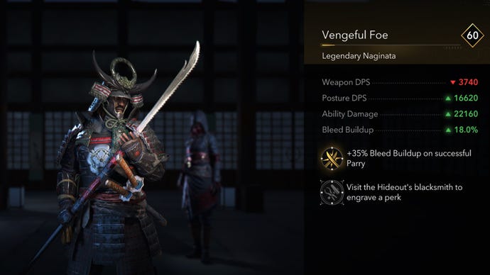 A close-up of the Vengeful Foe legendary naginata in Assassin's Creed Shadows.