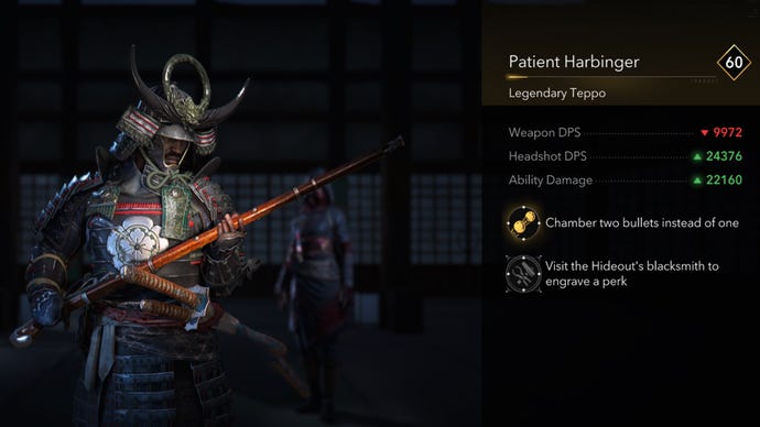 A close-up of the Patient Harbinger legendary teppo in Assassin's Creed Shadows.